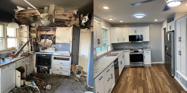 Before and after kitchen renovation showing a damaged and then modern, clean kitchen.