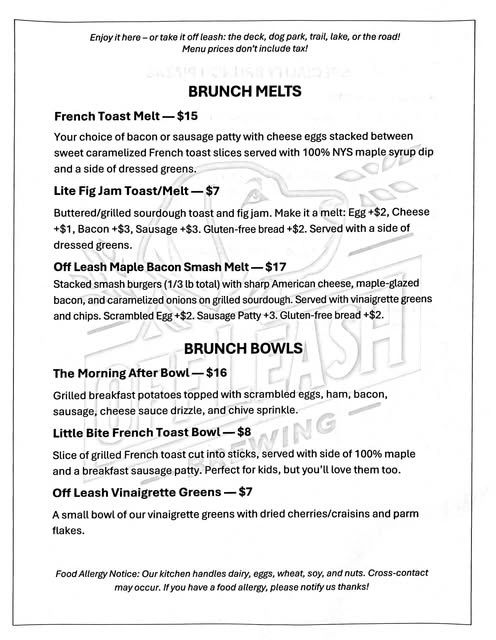 Menu featuring brunch melts and bowls with various savory and sweet options.