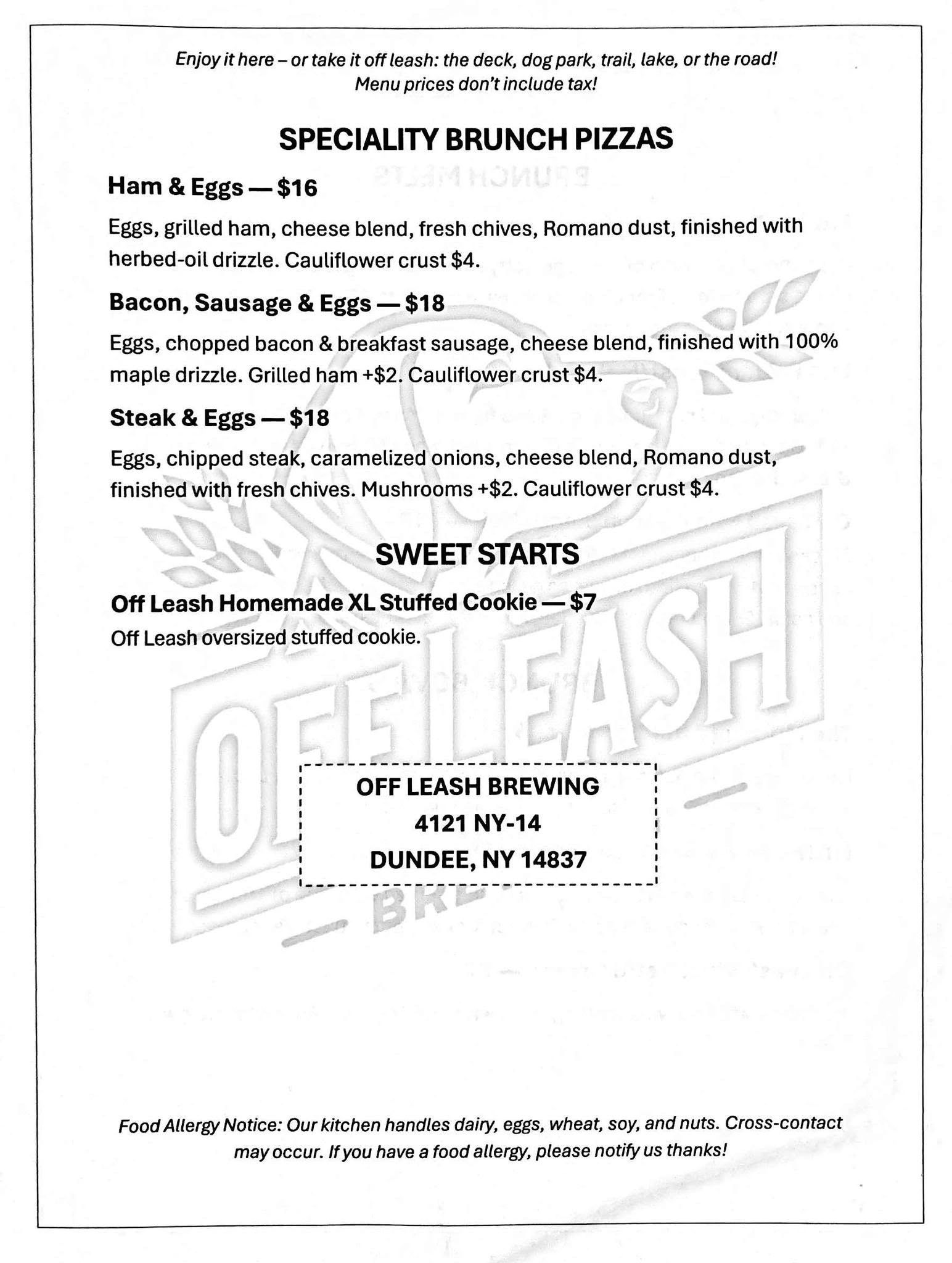 Menu featuring specialty brunch pizzas and a homemade stuffed cookie at Off Leash Brewing.