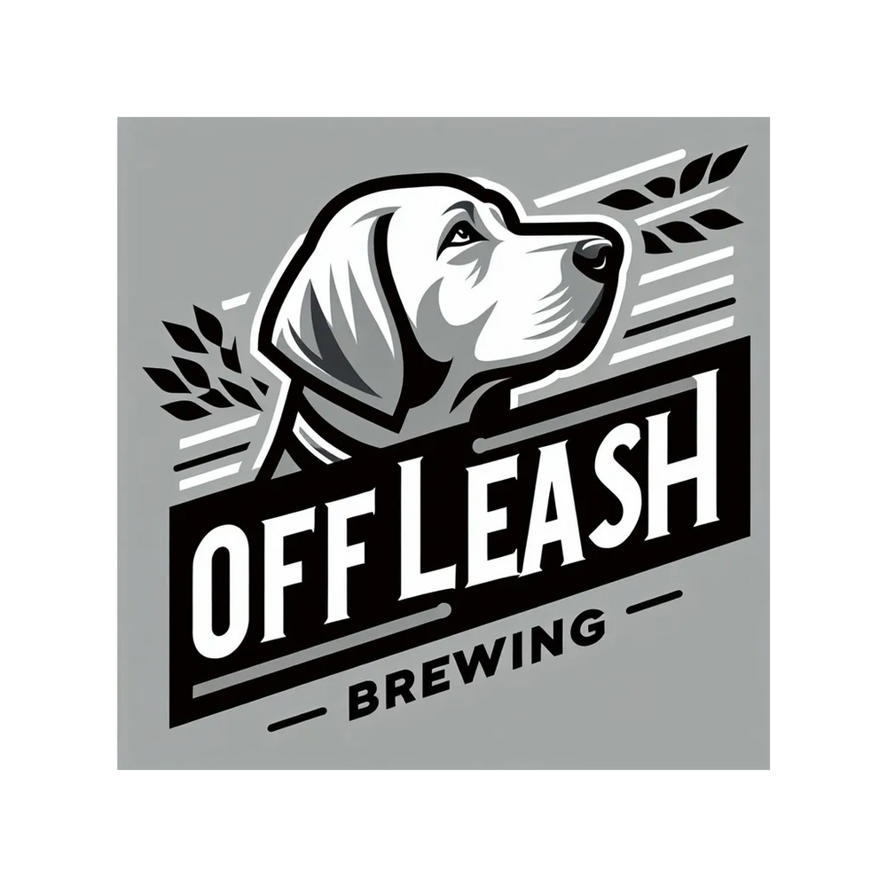 Logo of Off Leash Brewing featuring a dog and barley design.