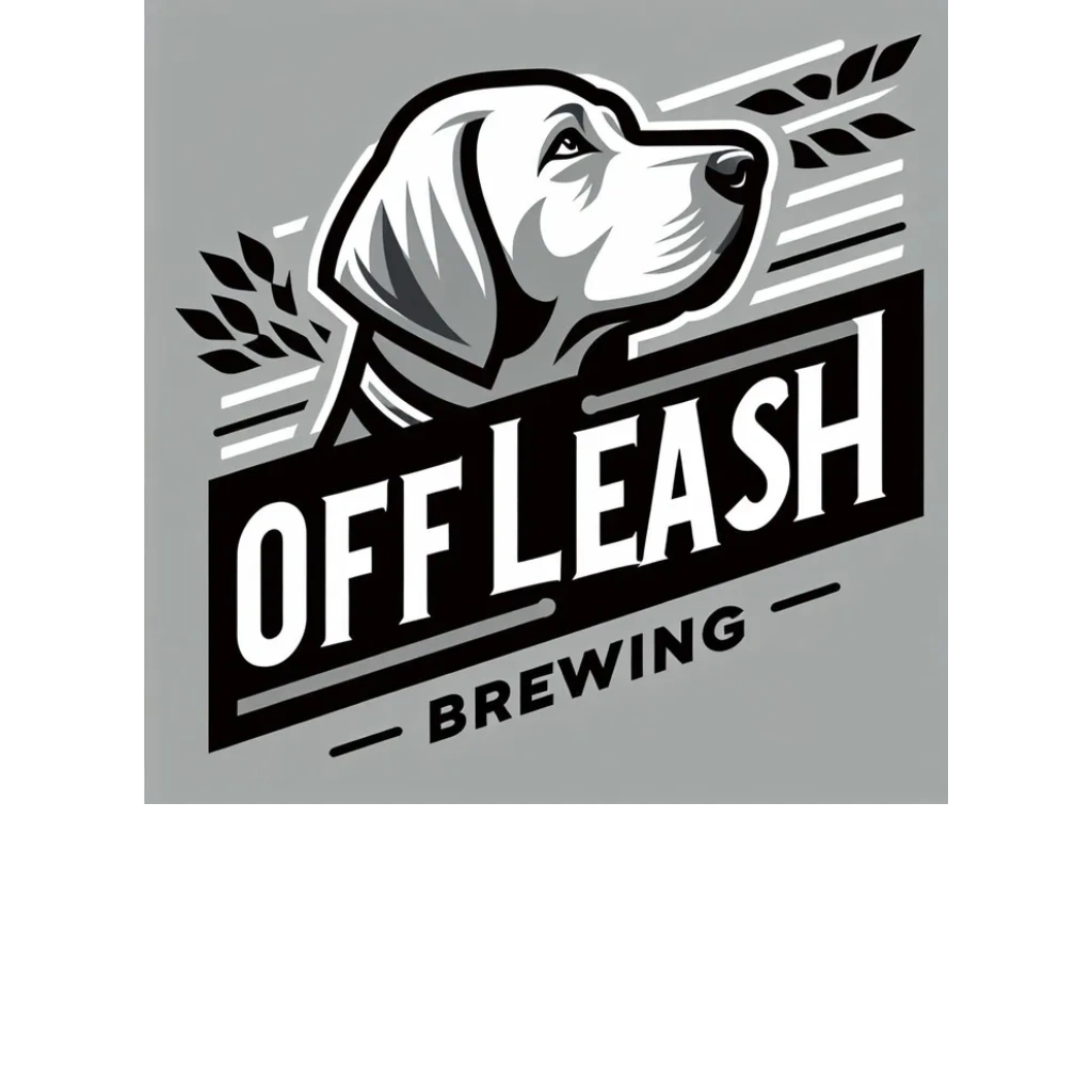 Logo of Off Leash Brewing featuring a dog and barley design.