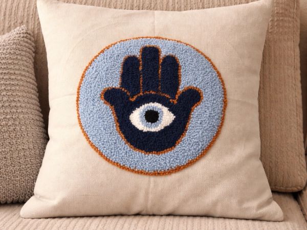 Decorative pillow with Hamsa hand design.