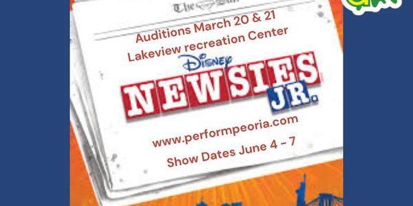 Newsies Jr!  
Auditions 
Friday, March 20th 4:30pm - 7:00pm
Saturday, March 21st 9:00am - 12:00pm
