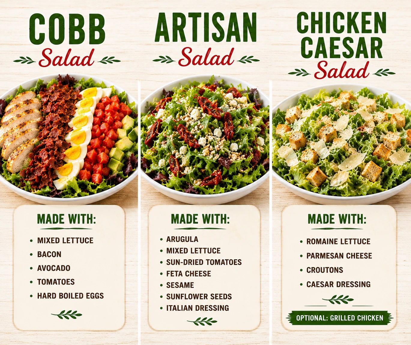Three salad varieties with ingredients listed.
