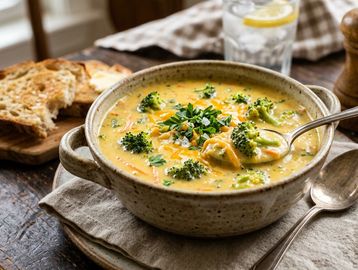 Creamy broccoli and cheese soup in a bowl with toast and water.