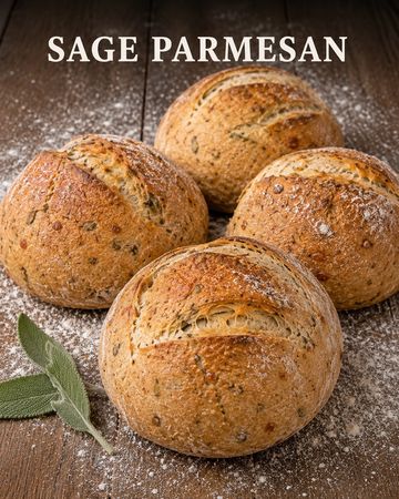 Four sage parmesan bread rolls dusted with flour.