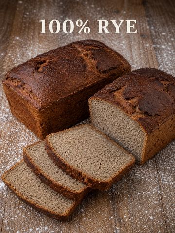 Two loaves of 100% rye bread, one sliced.