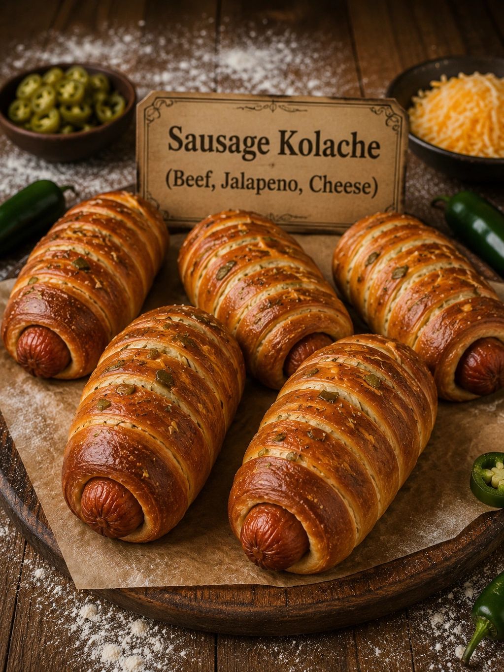 Sausage kolache with beef, jalapeno, and cheese.