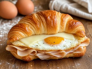 Croissant sandwich with egg and turkey slices.