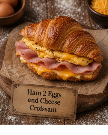 Ham, eggs, and cheese croissant sandwich.