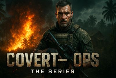 A soldier stands ready in front of a fiery jungle background for Covert-Ops series.