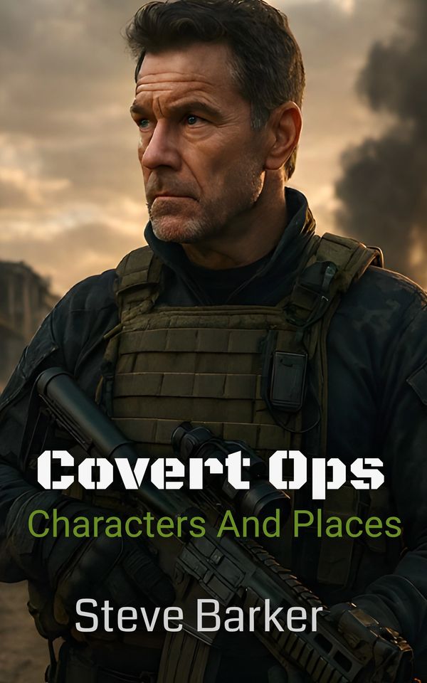 Steve Barker in tactical gear holding a rifle, titled 'Covert Ops: Characters and Places'.