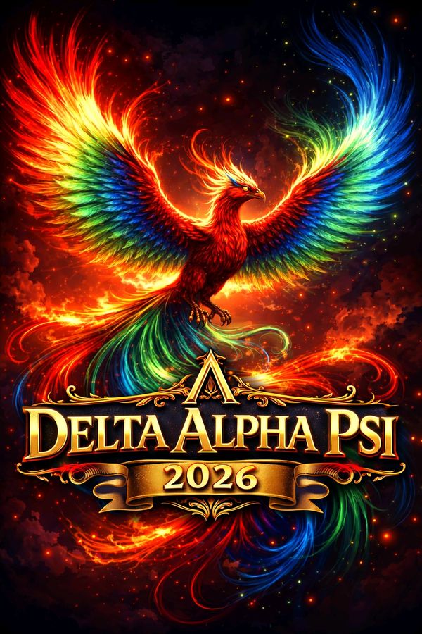 A vibrant phoenix with rainbow wings above "Delta Alpha Psi 2026" text in gold.