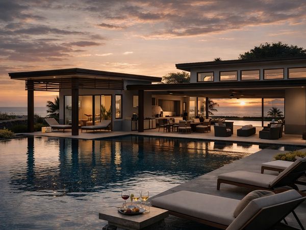 Modern luxury villa with pool at sunset overlooking the ocean.