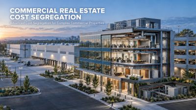Modern commercial real estate building with cost segregation text.