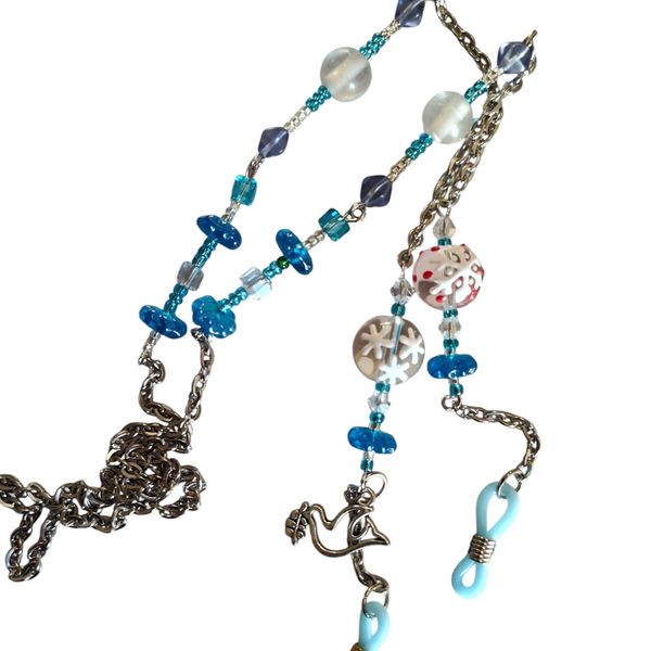 Winter eyeglass chain with blue glass beads and snowflakes