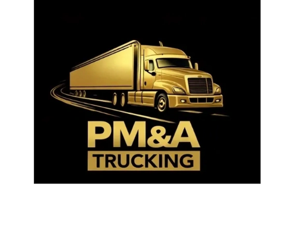 Golden truck logo with 'PM&A Trucking' text on black background.