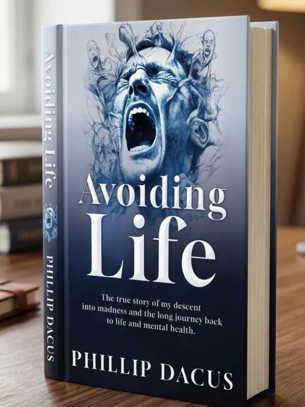 Book cover titled "Avoiding Life" by Phillip Dacus showing a screaming face.