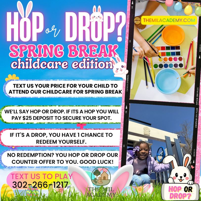 Spring Break childcare offer with a playful hop or drop game for securing spots.