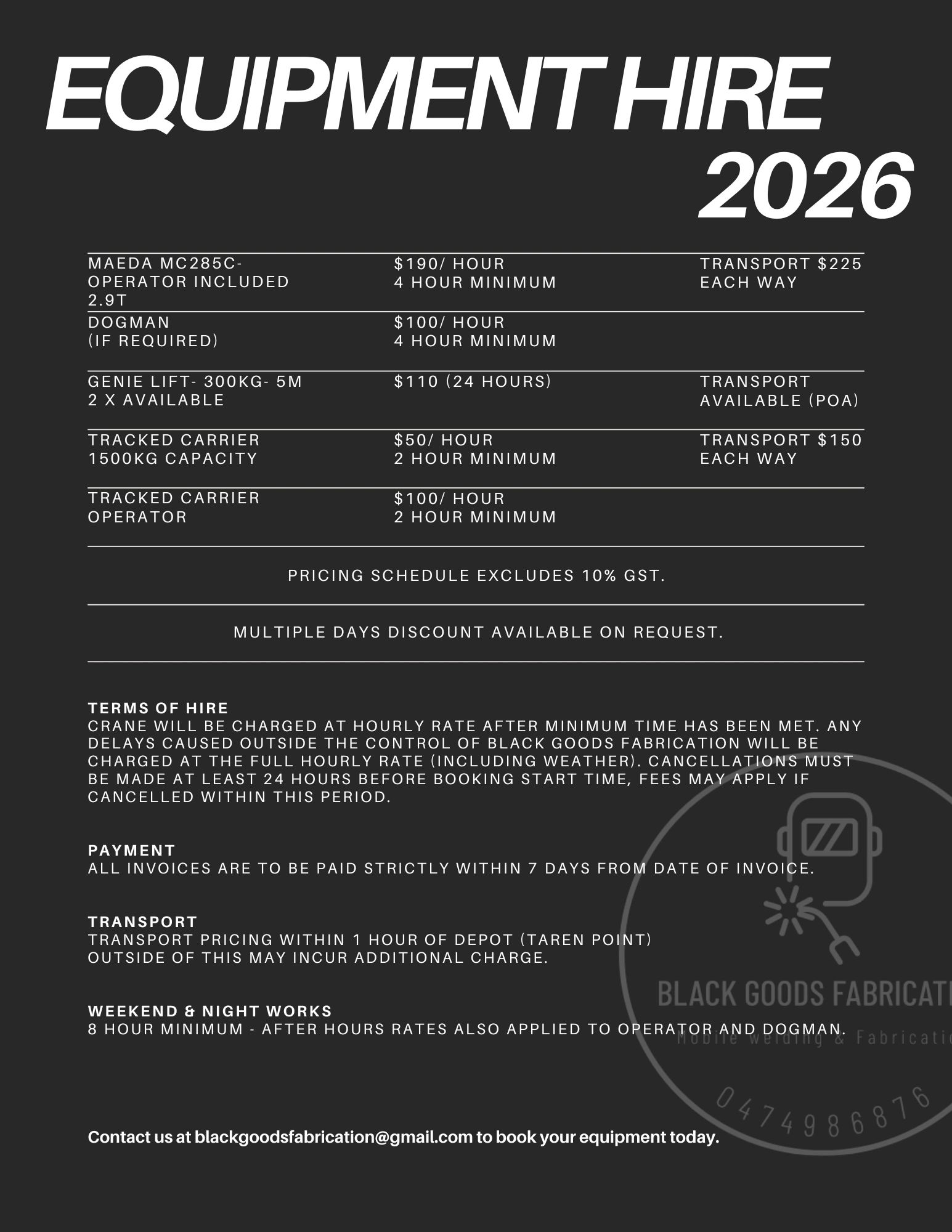 2026 equipment hire rates and terms.