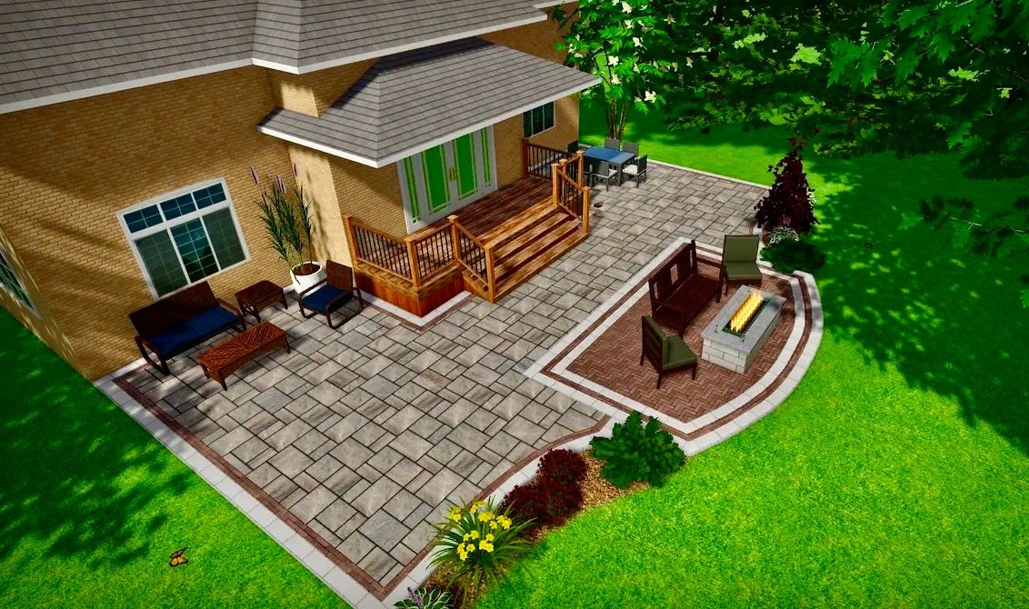 Custom 3D landscape design of a sleek contemporary patio featuring premium pavers and inlay 