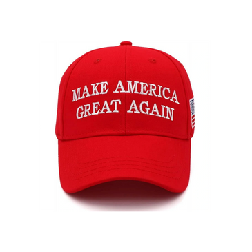 Red 'Make America Great Again' cap in white embroidered text and American flag patch on the side.