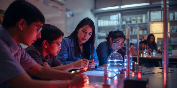 Estudiantes realizando un experimento de ciencias con equipos de laboratorio en un aula escolar.
