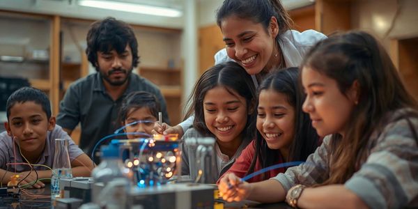 Niños explorando un experimento científico con equipos de laboratorio guiados por una docente.