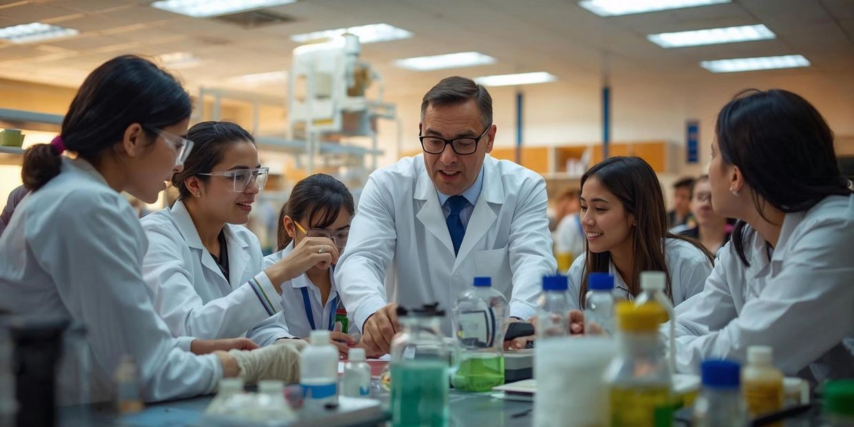 Docente guiando a estudiantes en un laboratorio de ciencias con equipos de laboratorio escolares.