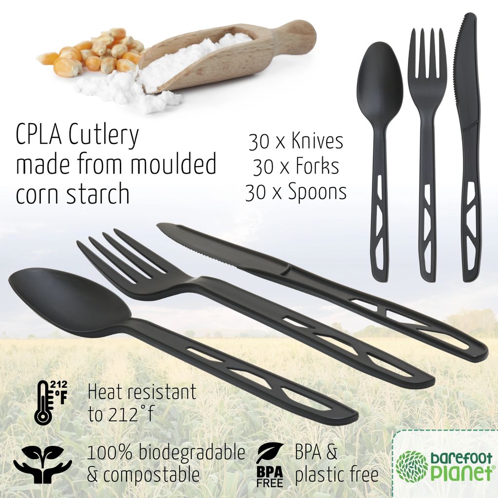 [25 Pack] Compostable Cutlery Kit Eco Friendly Fork, Spoon, Knife, Napkin 6.5 inch - CPLA Heat Resistant Disposable Utensil Kit Durable Cornstarch Bio