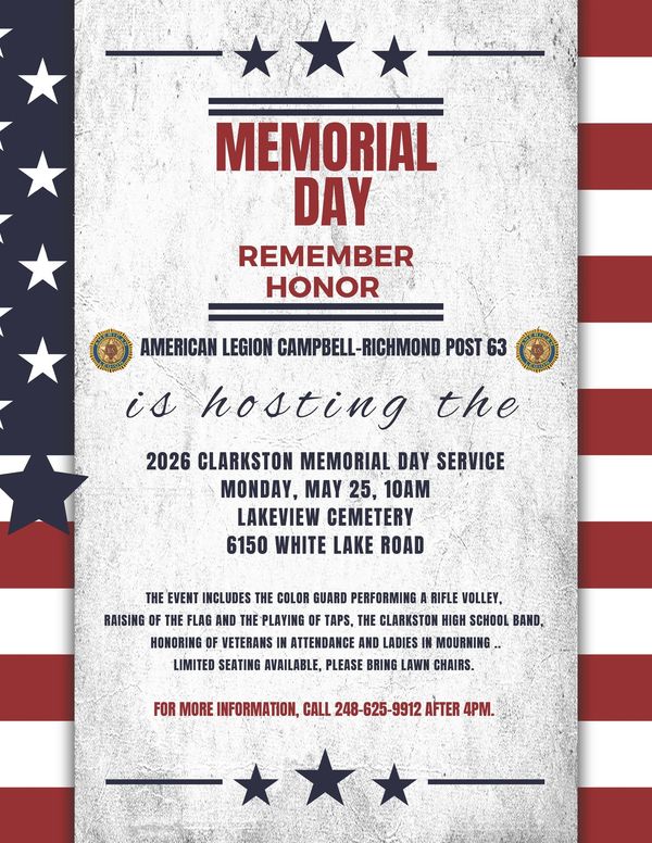 Memorial Day service announcement at Lakeview Cemetery, May 25, 10 AM.