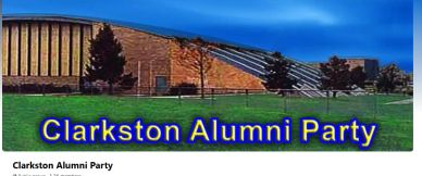 Clarkston Alumni Party banner with building background.