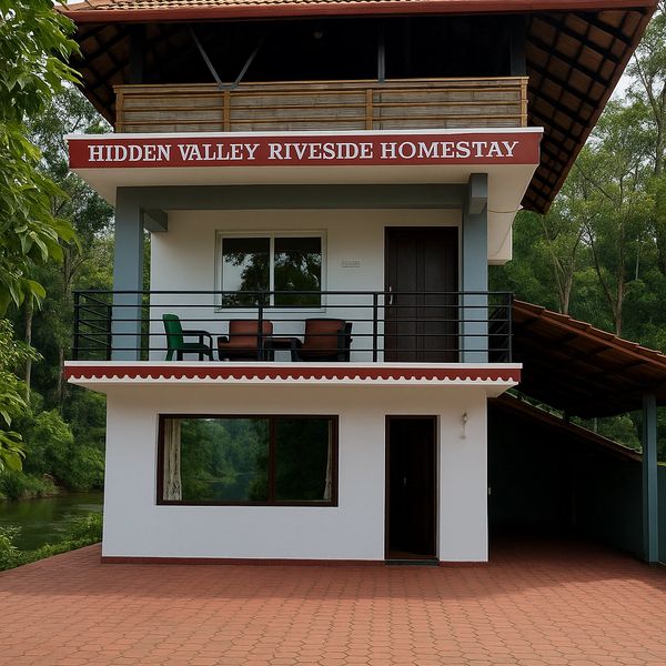 Two-story homestay with a balcony overlooking a riverside valley.