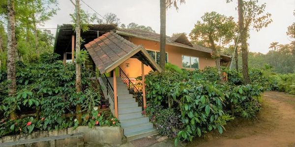 A cozy house surrounded by lush greenery and trees in a serene setting.