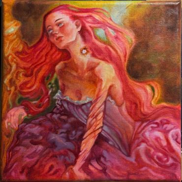 A woman with flowing red hair in a vibrant, textured dress.