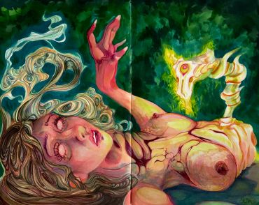 Surreal painting of a woman with flowing hair and a fiery skeletal hand.
