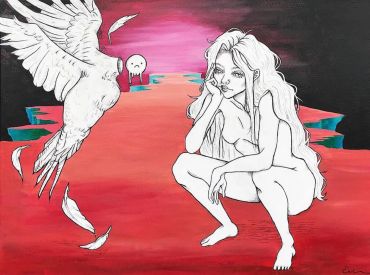 A monochrome girl crouches as a white bird flies nearby against a surreal red and pink landscape.
