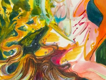 Abstract painting with vibrant colors and fluid shapes.