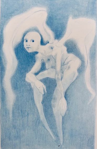Surreal humanoid figure with elongated limbs and large eyes in a blue-toned setting.