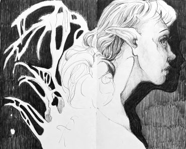 Black and white drawing of an elf with detailed face and abstract background.