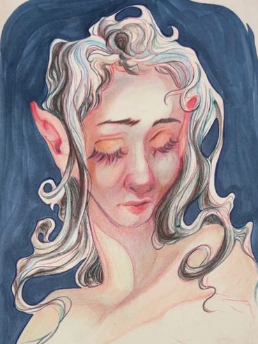 A melancholic elf with flowing white hair and closed eyes.
