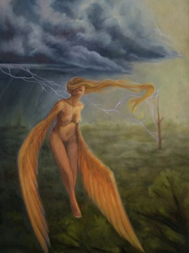 A surreal figure with flowing hair and wing-like arms in a stormy landscape.