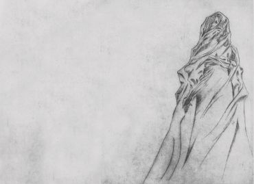 Sketch of a cloaked figure shrouded in fabric on a textured background.