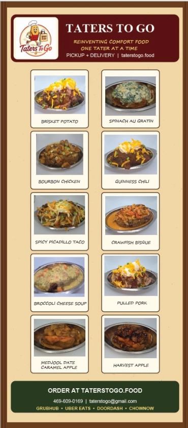 Menu of Taters To Go with various loaded potato dishes.
