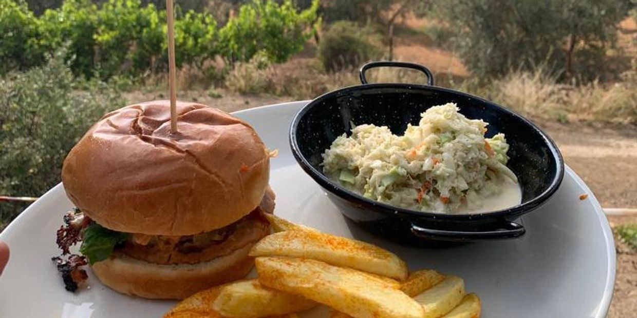 Hamburguesa de queso casera con patatas fritas y ensalada de col