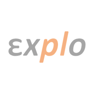Logo with stylized word 'explo' in gray and orange colors.