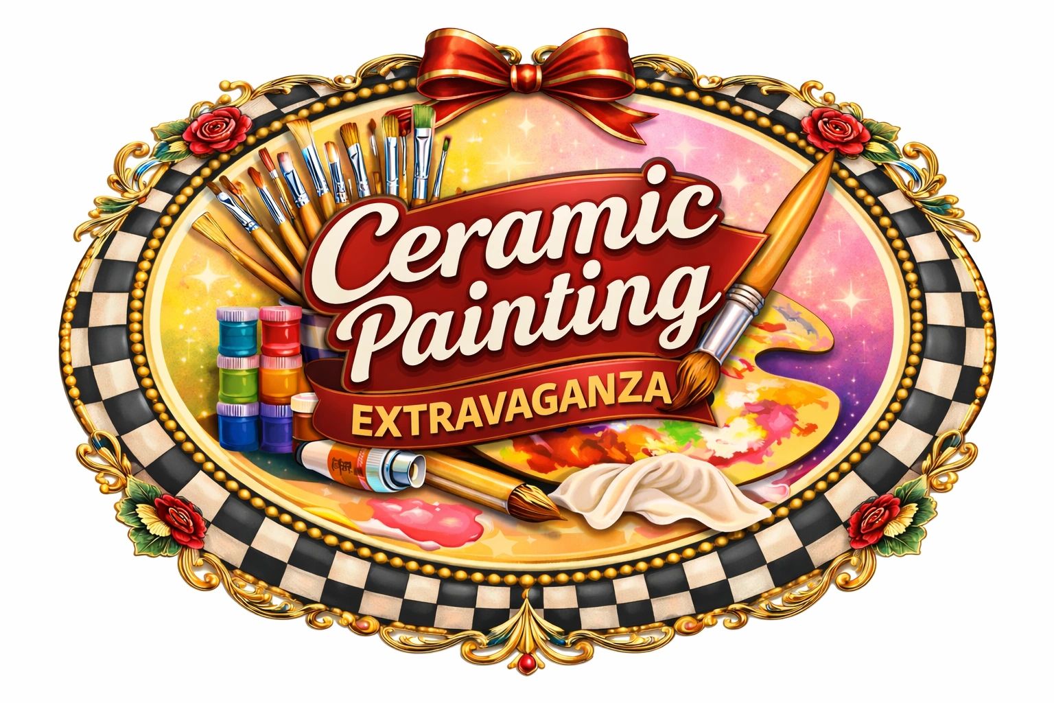 Ceramic Painting Extravaganza 
Oval shape 
Art supplied 
Oval black and white checked border