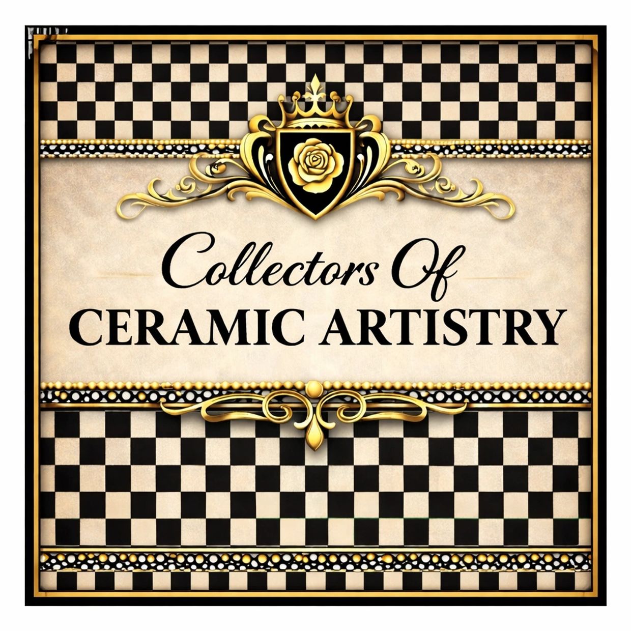 Elegant sign for Collectors of Ceramic Artistry with gold and black checkerboard design.