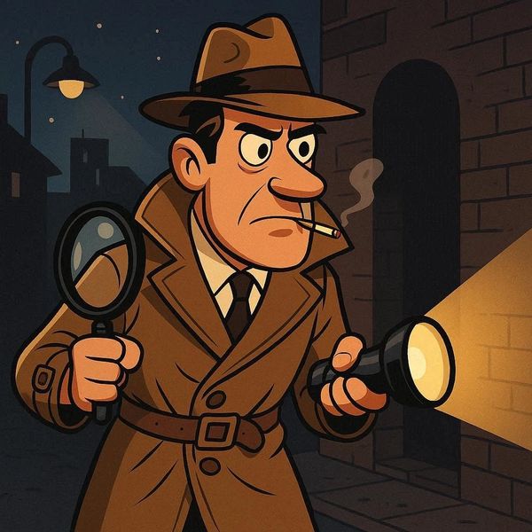 Detective with a magnifying glass and flashlight investigates at night.