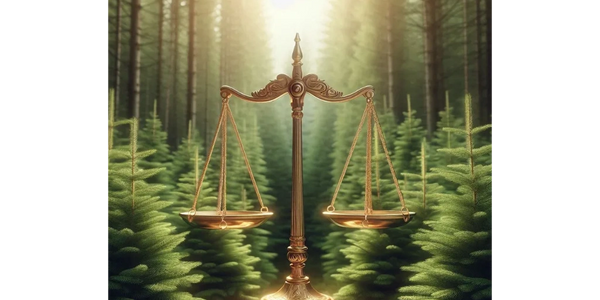 Golden balance scale in a sunlit forest surrounded by evergreen trees.